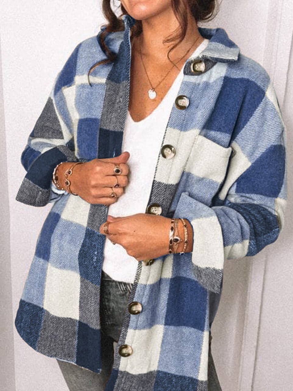 Women's Coats Plaid Pocket Button Long Sleeve Shirt Coat - LuckyFash™