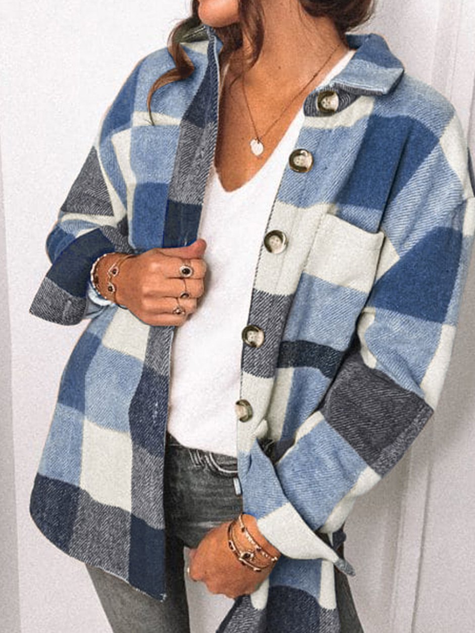 Women's Coats Plaid Pocket Button Long Sleeve Shirt Coat - LuckyFash™