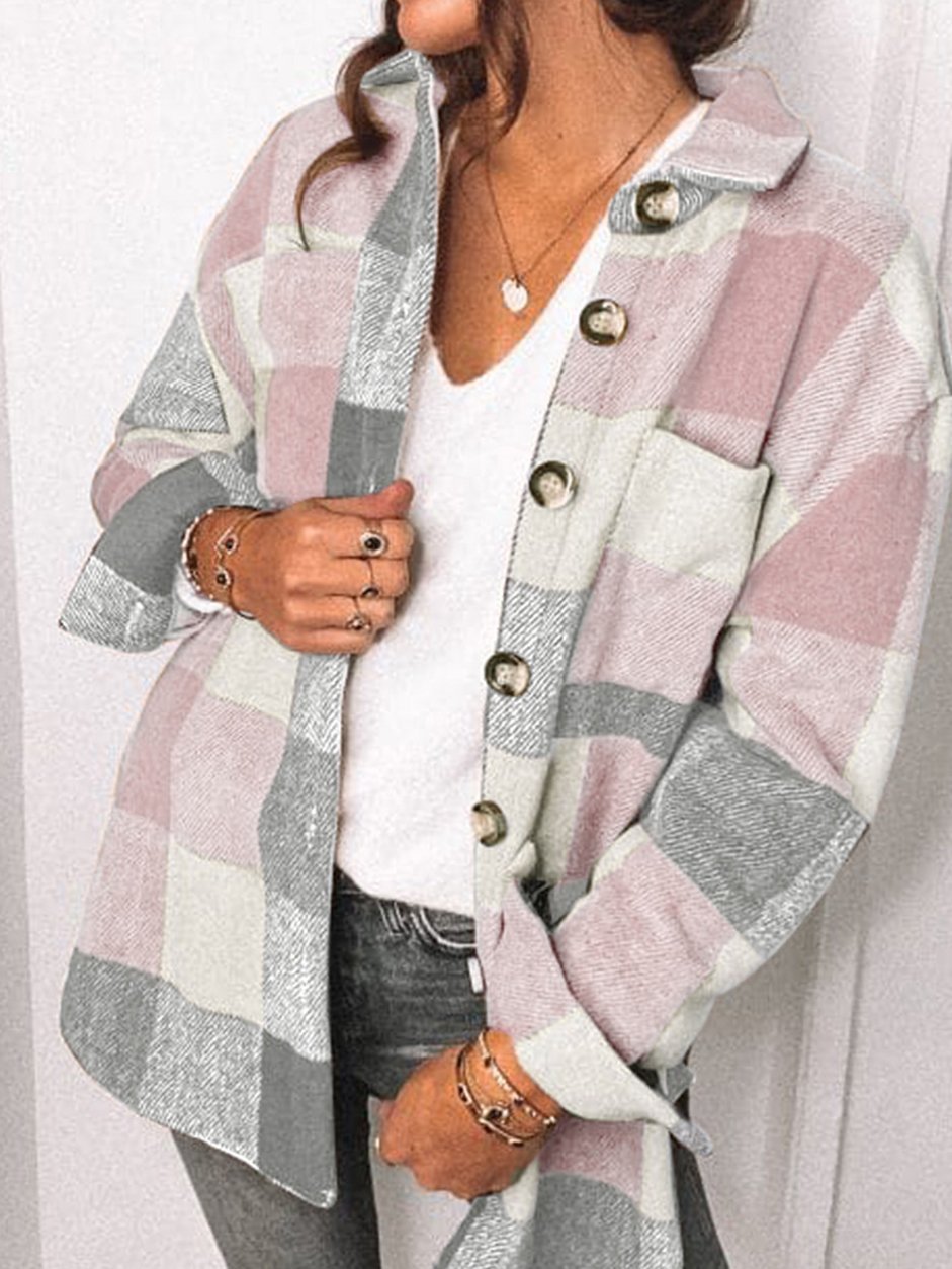 Women's Coats Plaid Pocket Button Long Sleeve Shirt Coat - LuckyFash™