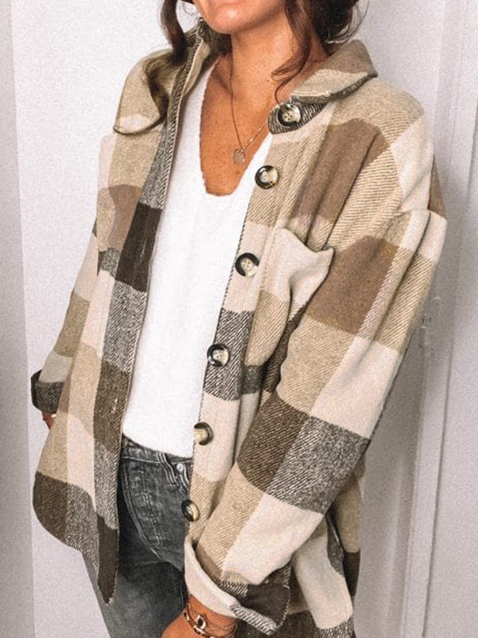 Women's Coats Plaid Pocket Button Long Sleeve Shirt Coat - LuckyFash™