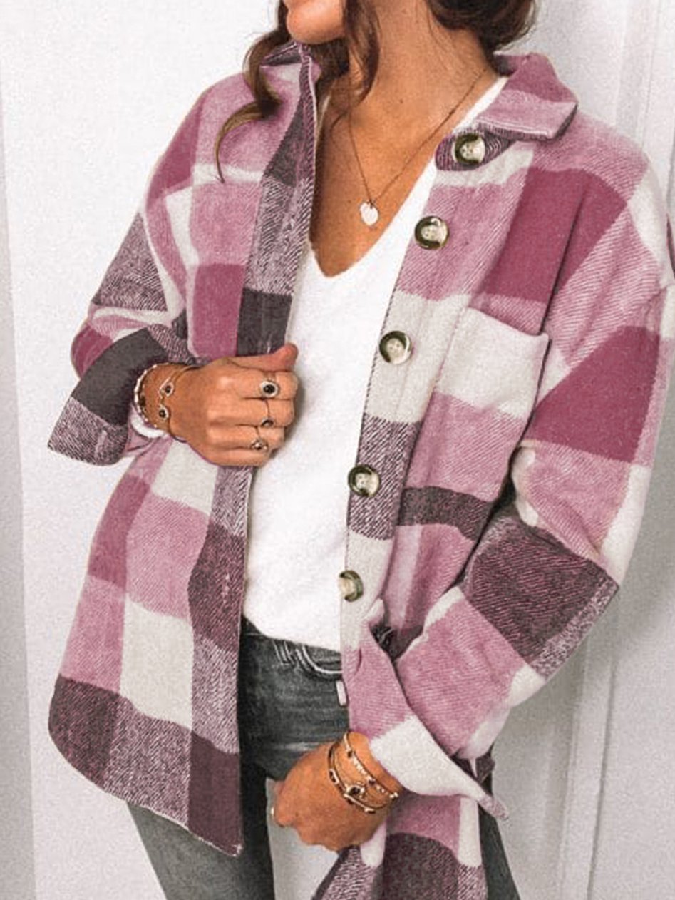 Women's Coats Plaid Pocket Button Long Sleeve Shirt Coat - LuckyFash™