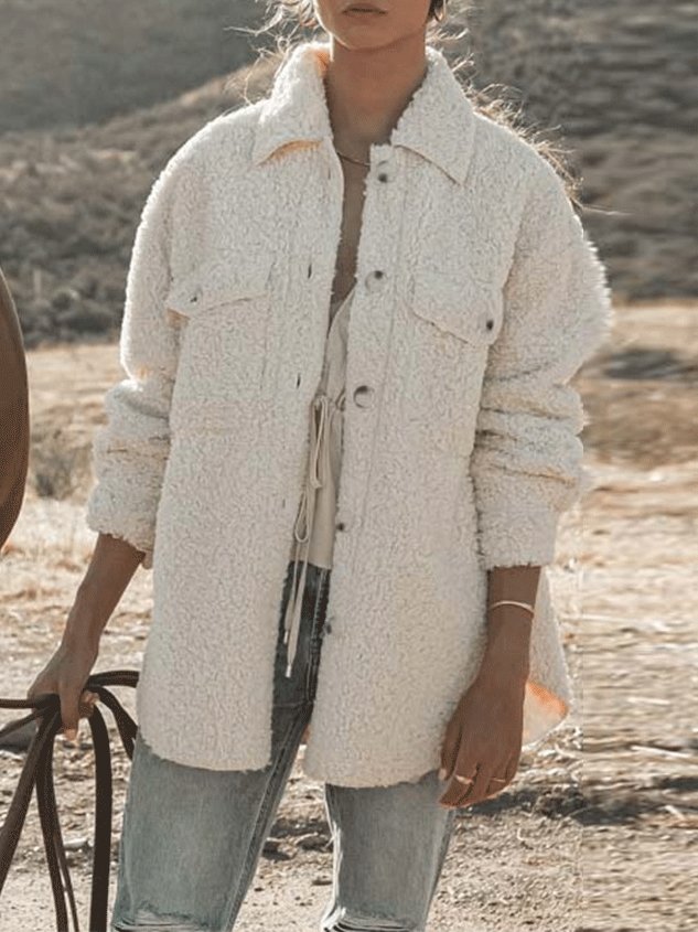 Women's Coats Plush Button Pocket Long Sleeve Coat - LuckyFash™