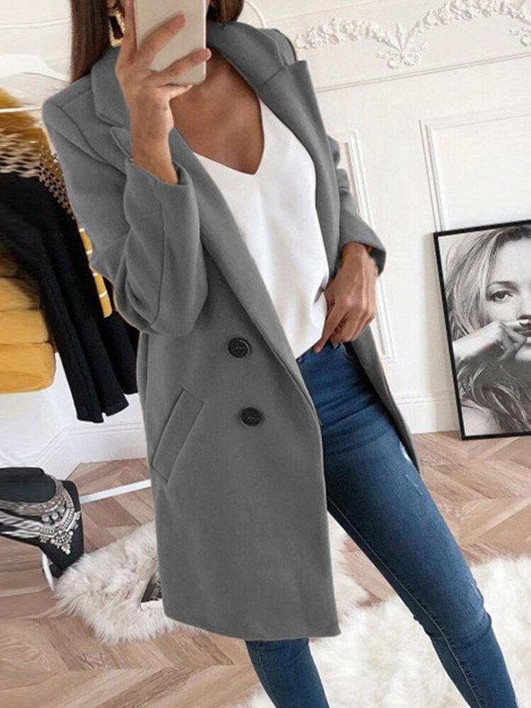 Women's Coats Solid Lapel Button Mid Length Wool Coat - LuckyFash™