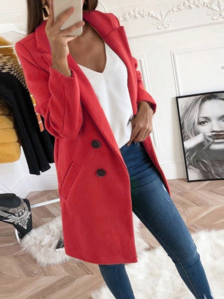 Women's Coats Solid Lapel Button Mid Length Wool Coat - LuckyFash™