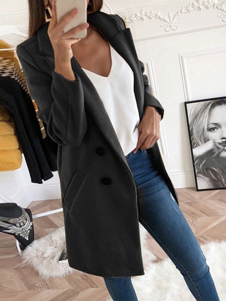 Women's Coats Solid Lapel Button Mid Length Wool Coat - LuckyFash™