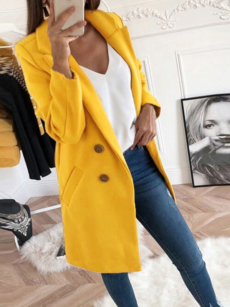 Women's Coats Solid Lapel Button Mid Length Wool Coat - LuckyFash™