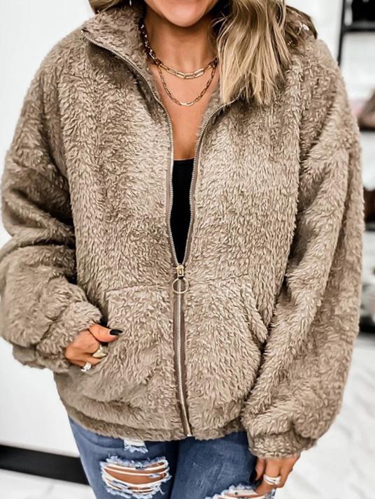 Women's Coats Woolen Fleece Zip Pocket Cardigan Coat - LuckyFash™