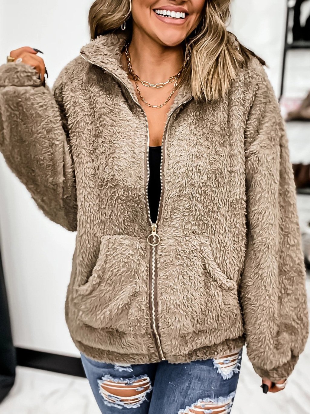 Women's Coats Woolen Fleece Zip Pocket Cardigan Coat - LuckyFash™