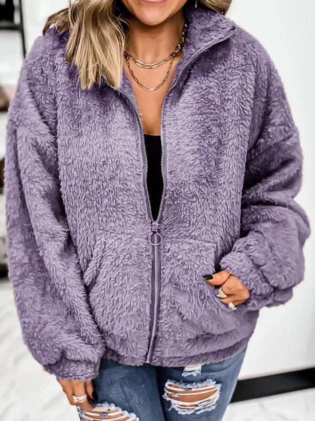 Women's Coats Woolen Fleece Zip Pocket Cardigan Coat - LuckyFash™