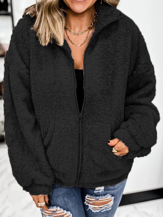 Women's Coats Woolen Fleece Zip Pocket Cardigan Coat - LuckyFash™