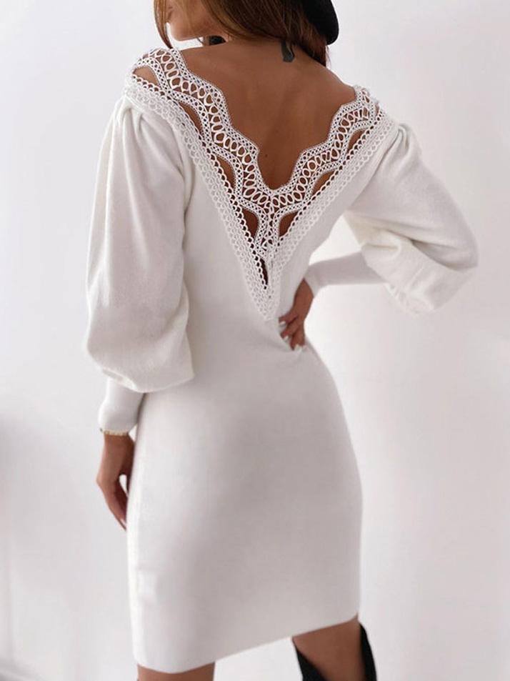 Women's Dresses Bare Back Hollow Lace Long Sleeve V-Neck Dress - LuckyFash™