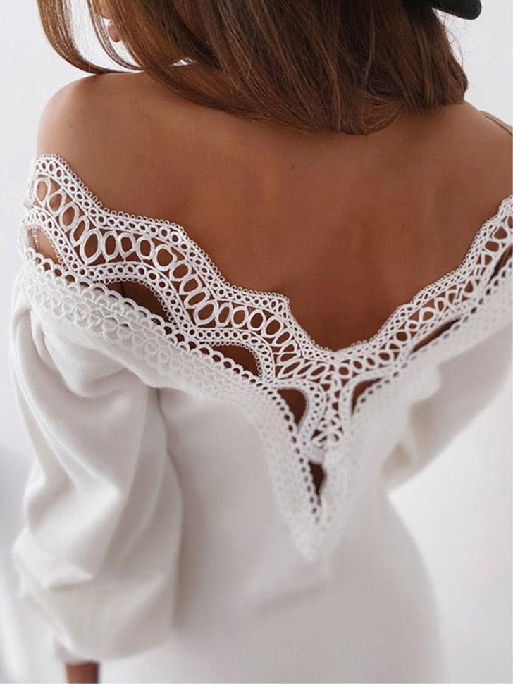 Women's Dresses Bare Back Hollow Lace Long Sleeve V-Neck Dress - LuckyFash™
