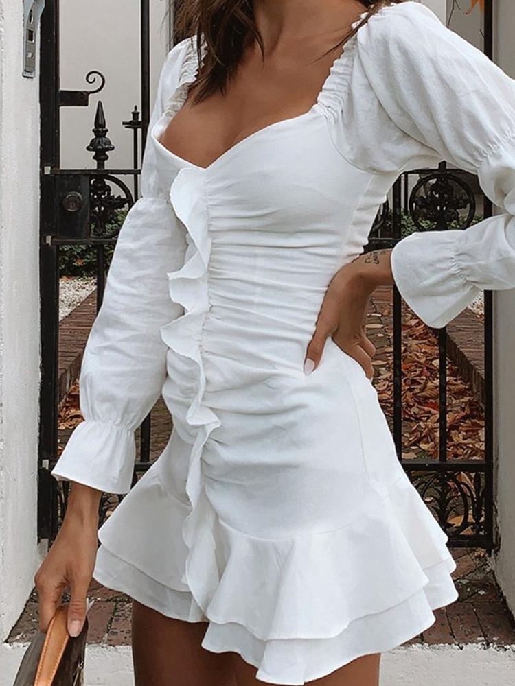 Women's Dresses Boat Neck Pleated Lantern Sleeve Mini Dress - LuckyFash™