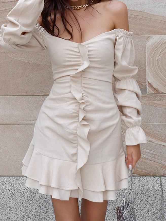 Women's Dresses Boat Neck Pleated Lantern Sleeve Mini Dress - LuckyFash™
