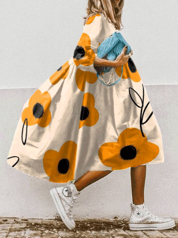 Dresses Boho Print Crew Neck Mid-Sleeve Dress - LuckyFash™