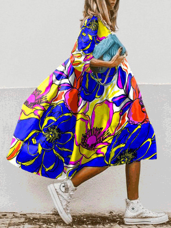 Dresses Boho Print Crew Neck Mid-Sleeve Dress - LuckyFash™