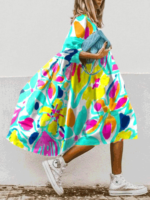Dresses Boho Print Crew Neck Mid-Sleeve Dress - LuckyFash™
