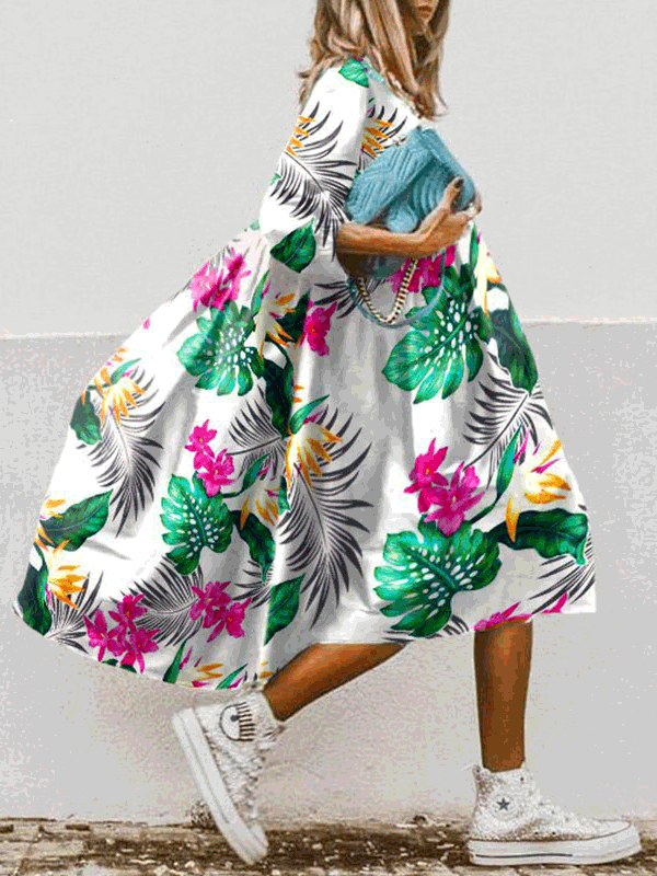 Dresses Boho Print Crew Neck Mid-Sleeve Dress - LuckyFash™
