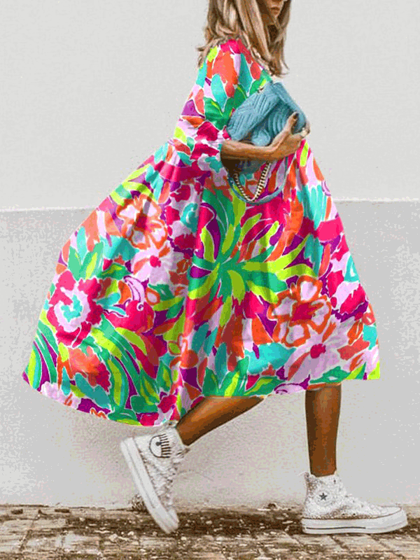 Dresses Boho Print Crew Neck Mid-Sleeve Dress - LuckyFash™