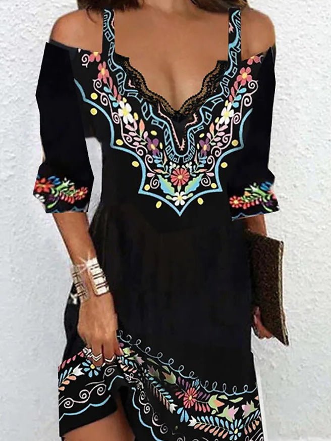 Women's Dresses Boho Print V-Neck Off-Shoulder Dress - LuckyFash™