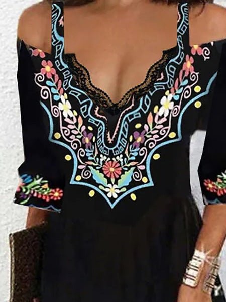 Women's Dresses Boho Print V-Neck Off-Shoulder Dress - LuckyFash™