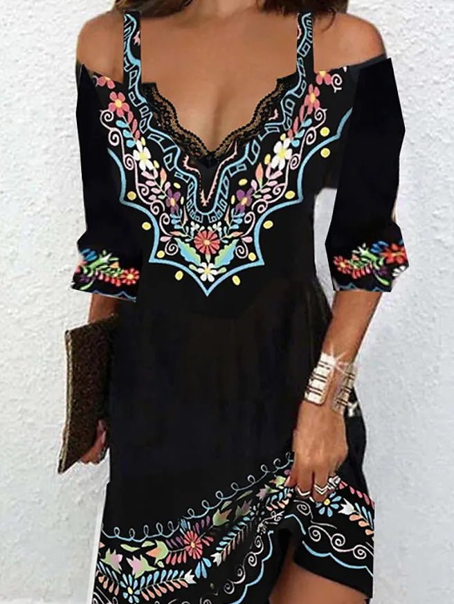 Women's Dresses Boho Print V-Neck Off-Shoulder Dress - LuckyFash™