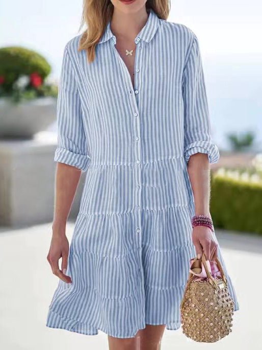 Women's Dresses Button Stripe Long Sleeve Dress - LuckyFash™