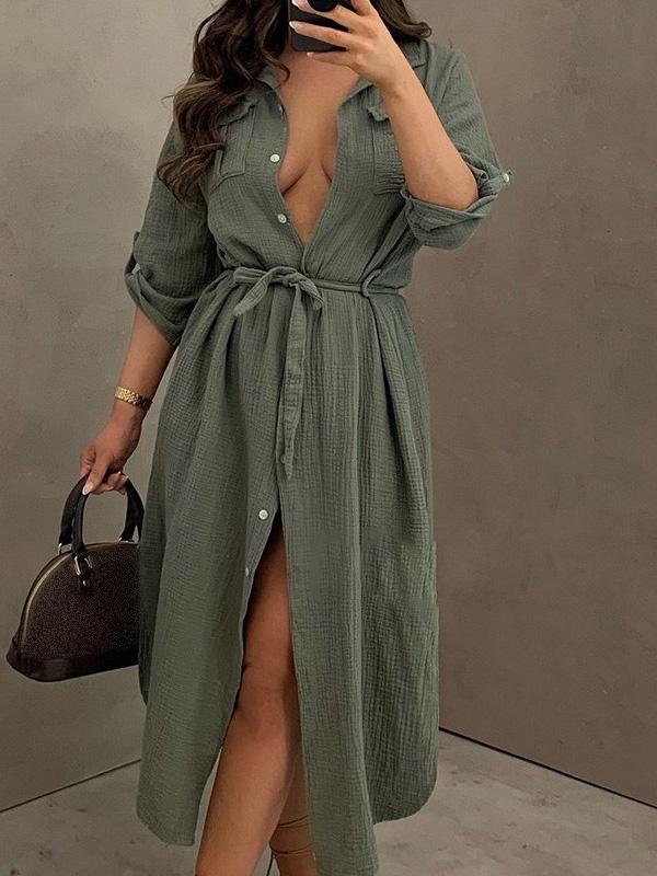 Women's Dresses Buttoned Long Sleeve Belted Shirt Dress - LuckyFash™