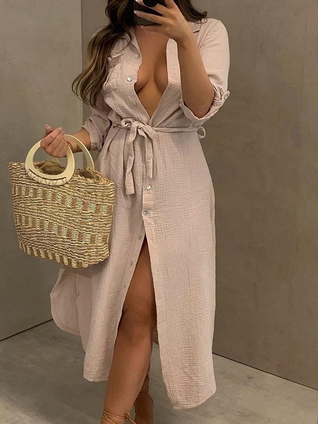 Women's Dresses Buttoned Long Sleeve Belted Shirt Dress - LuckyFash™