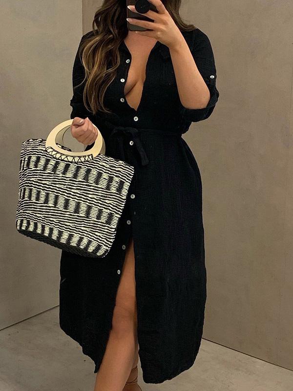 Women's Dresses Buttoned Long Sleeve Belted Shirt Dress - LuckyFash™