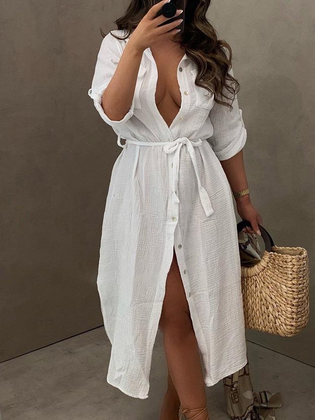 Women's Dresses Buttoned Long Sleeve Belted Shirt Dress - LuckyFash™
