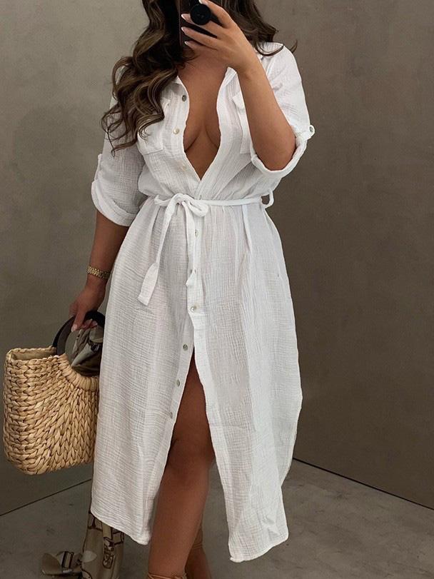 Women's Dresses Buttoned Long Sleeve Belted Shirt Dress - LuckyFash™