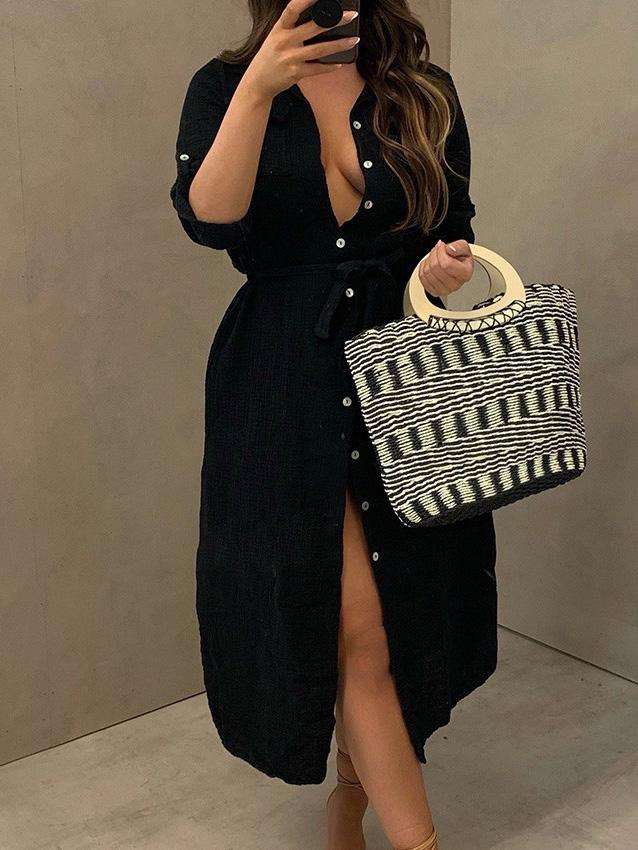 Women's Dresses Buttoned Long Sleeve Belted Shirt Dress - LuckyFash™
