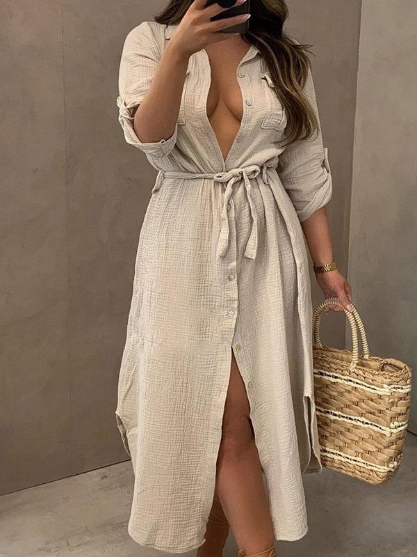 Women's Dresses Buttoned Long Sleeve Belted Shirt Dress - LuckyFash™