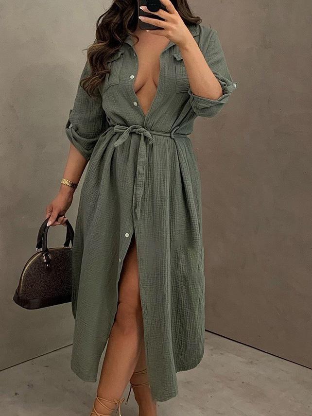 Women's Dresses Buttoned Long Sleeve Belted Shirt Dress - LuckyFash™
