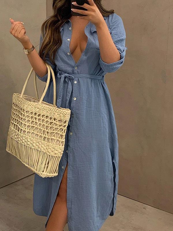 Women's Dresses Buttoned Long Sleeve Belted Shirt Dress - LuckyFash™