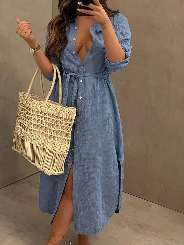 Women's Dresses Buttoned Long Sleeve Belted Shirt Dress - LuckyFash™