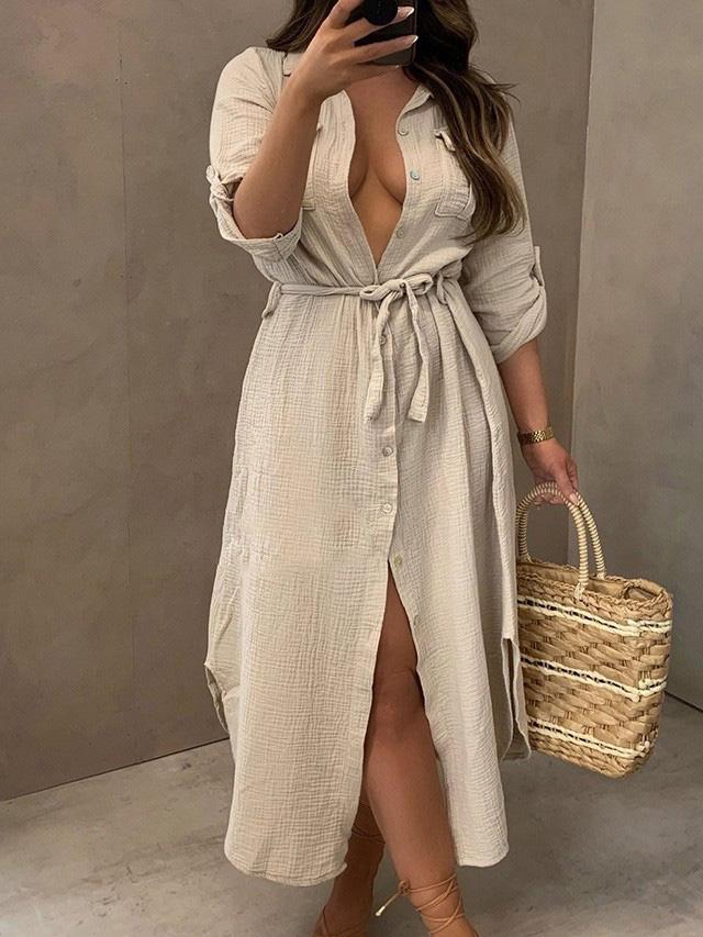 Women's Dresses Buttoned Long Sleeve Belted Shirt Dress - LuckyFash™