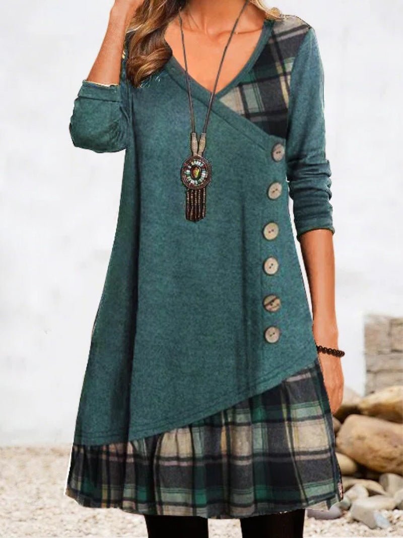 Women's Dresses Casual Check Paneled Button Long Sleeve Dress - LuckyFash™