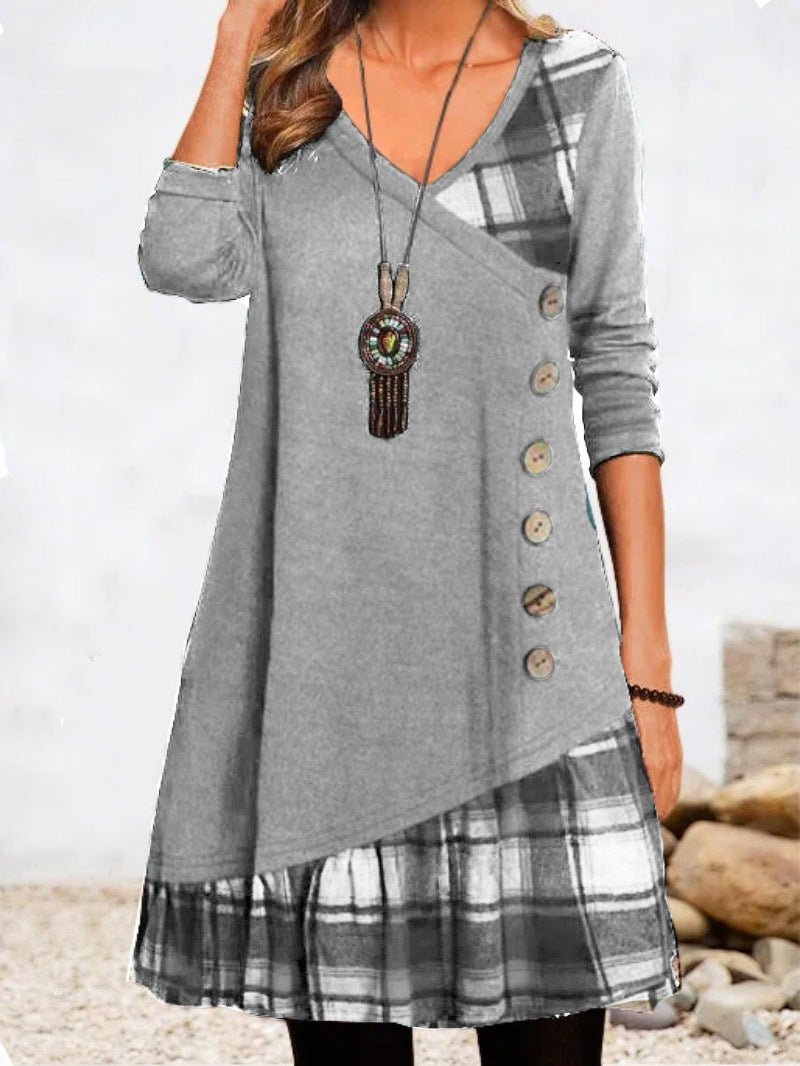 Women's Dresses Casual Check Paneled Button Long Sleeve Dress - LuckyFash™