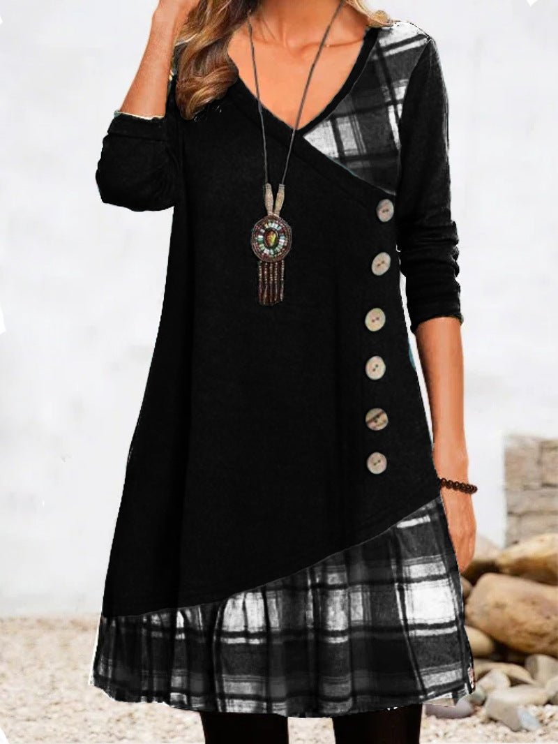 Women's Dresses Casual Check Paneled Button Long Sleeve Dress - LuckyFash™