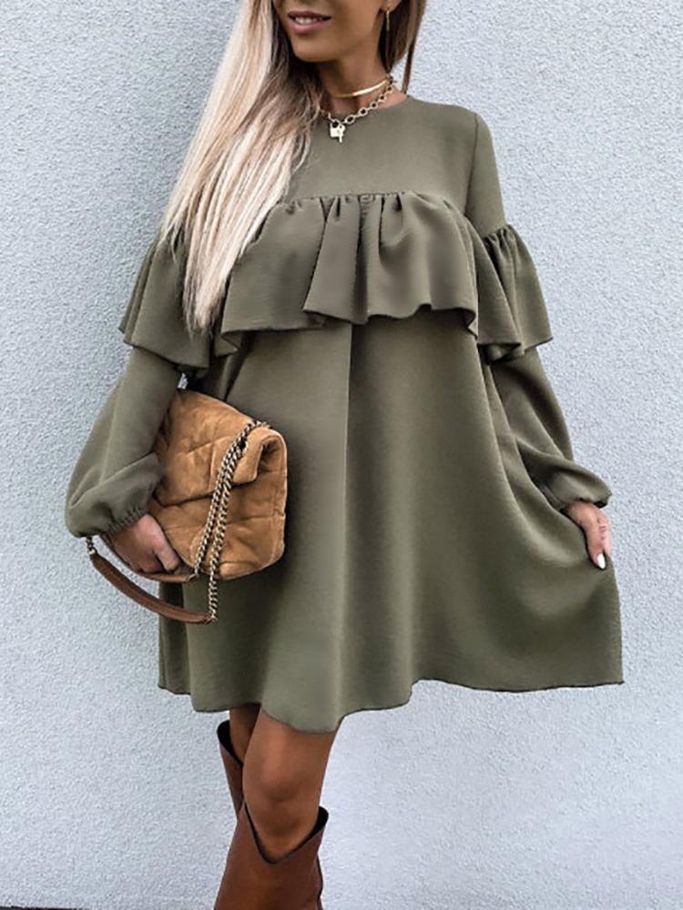 Women's Dresses Casual Solid Ruffled Long Sleeve Dress - LuckyFash™