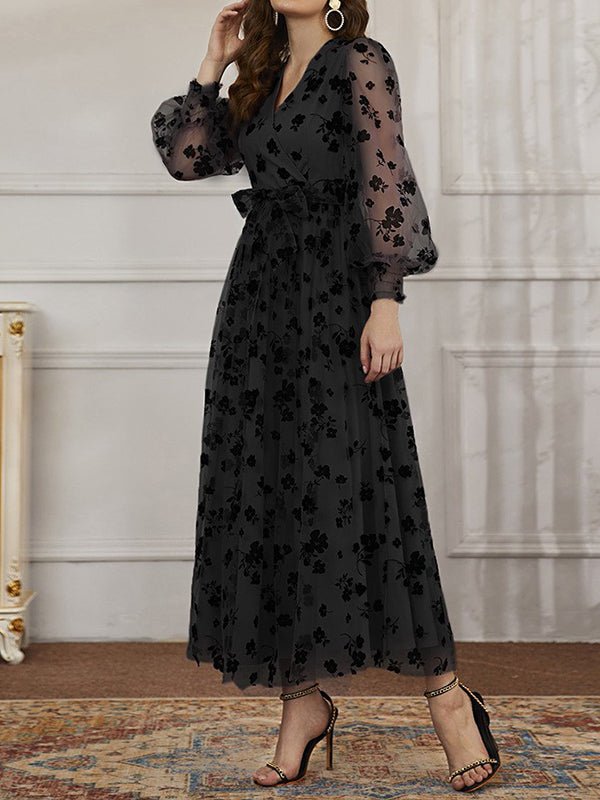 Dresses Casual V-Neck Floral Print Lace High-Waist Midi Dress - LuckyFash™