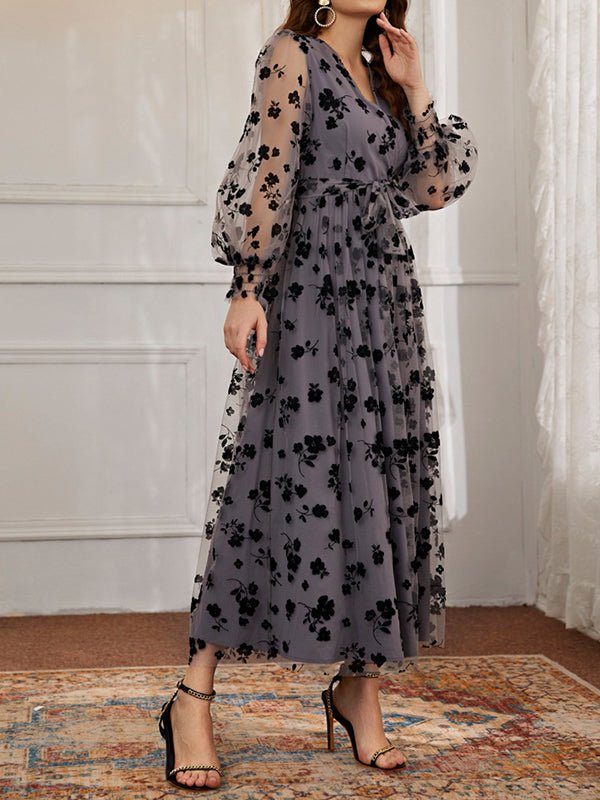 Dresses Casual V-Neck Floral Print Lace High-Waist Midi Dress - LuckyFash™