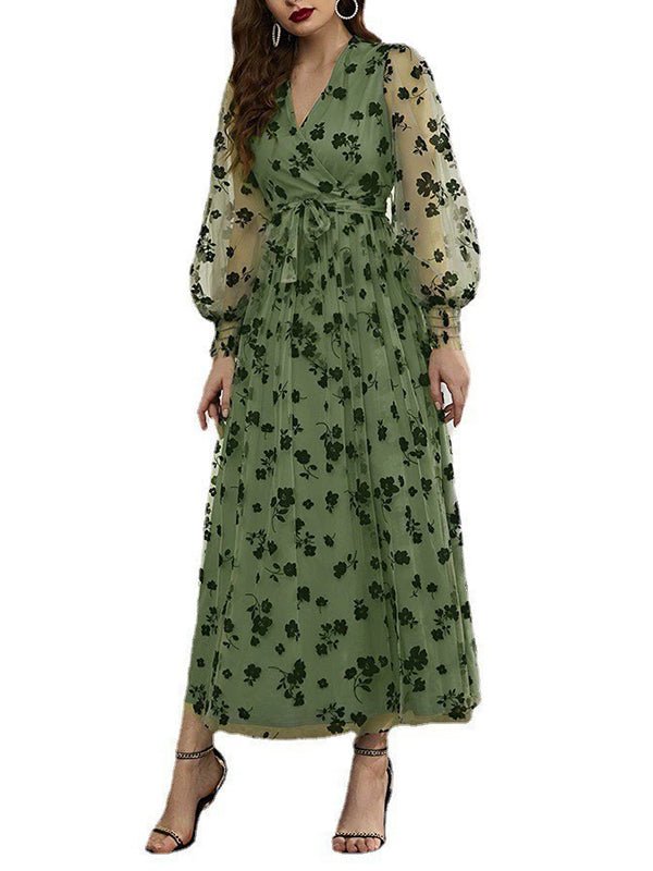 Dresses Casual V-Neck Floral Print Lace High-Waist Midi Dress - LuckyFash™