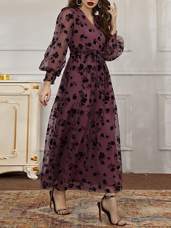 Dresses Casual V-Neck Floral Print Lace High-Waist Midi Dress - LuckyFash™