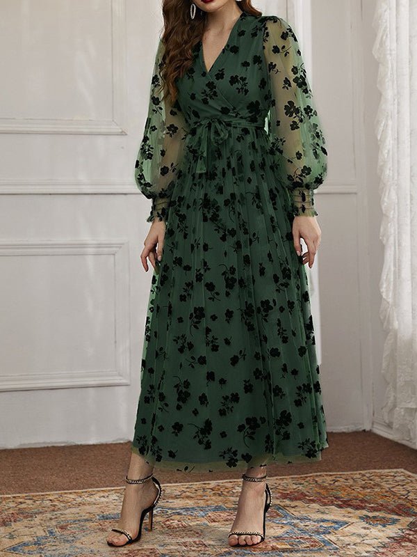 Dresses Casual V-Neck Floral Print Lace High-Waist Midi Dress - LuckyFash™