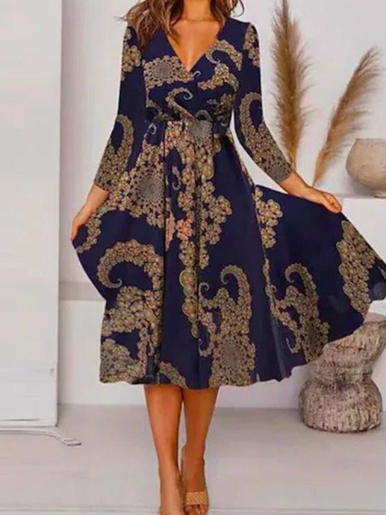 Women's Dresses Casual V-Neck Long Sleeve Print Dress - LuckyFash™