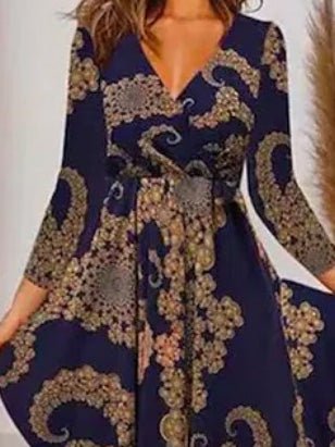 Women's Dresses Casual V-Neck Long Sleeve Print Dress - LuckyFash™