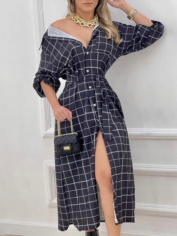 Women's Dresses Check Print Button Long Sleeve Shirt Dress - LuckyFash™